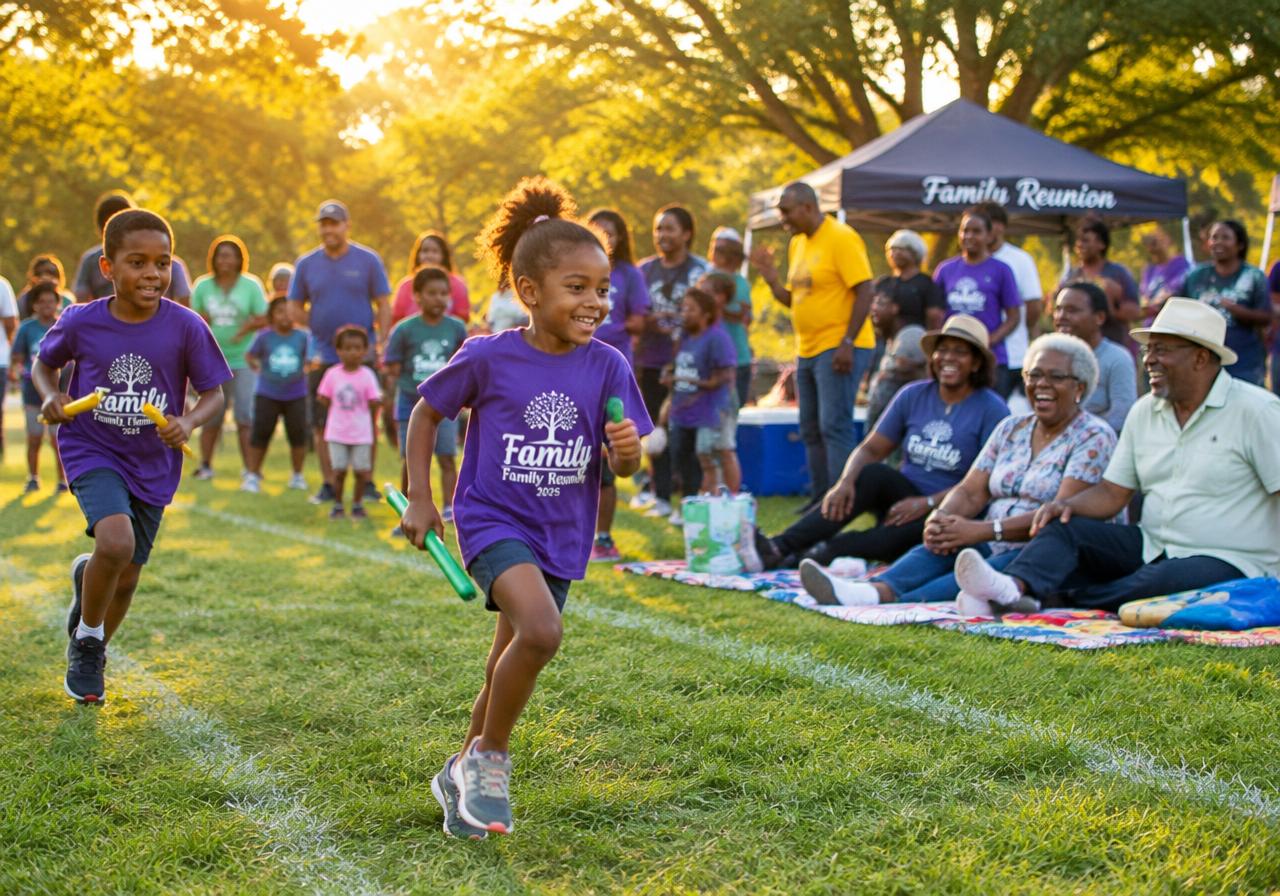 Kids running a relay while families cheer at a picnic